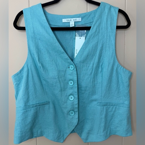 NWT blue sol Linen Blend Button Down Vest Womens Size Large - Picture 1 of 8